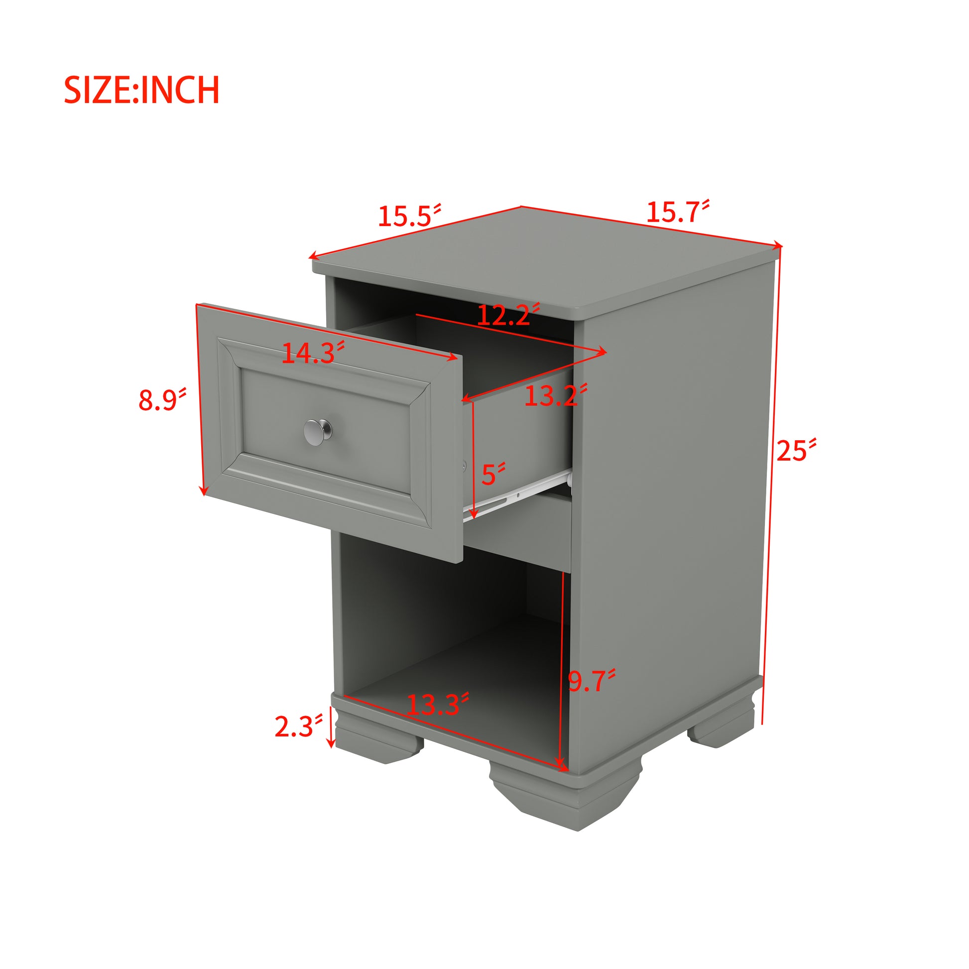 Gray wooden nightstand with one drawer and open shelf