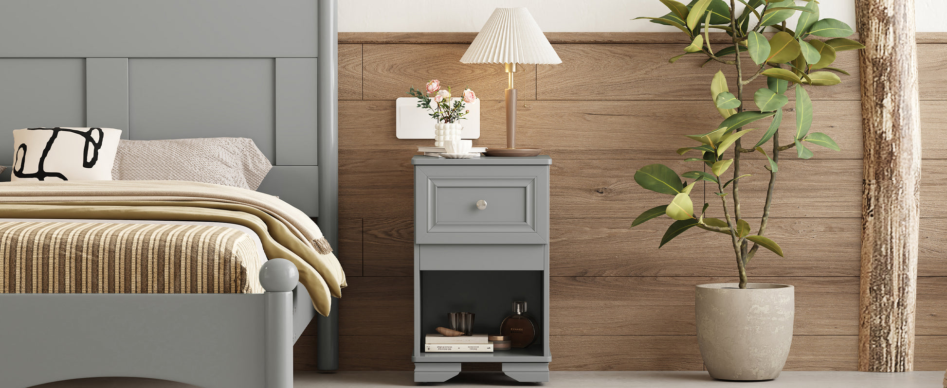 Gray wooden nightstand with one drawer and an open shelf