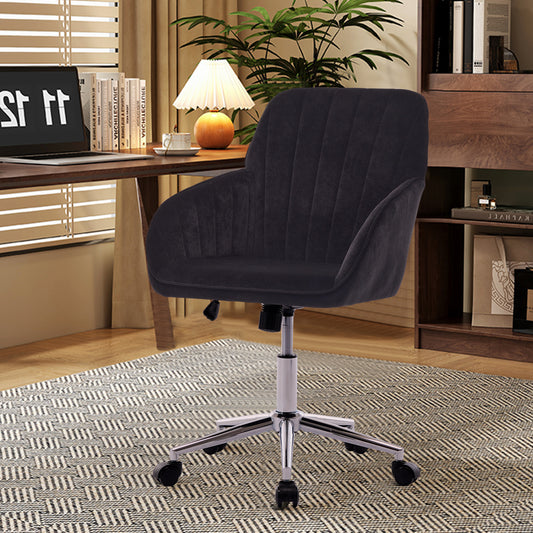 Dark grey velvet office chair with tufted back and chrome base