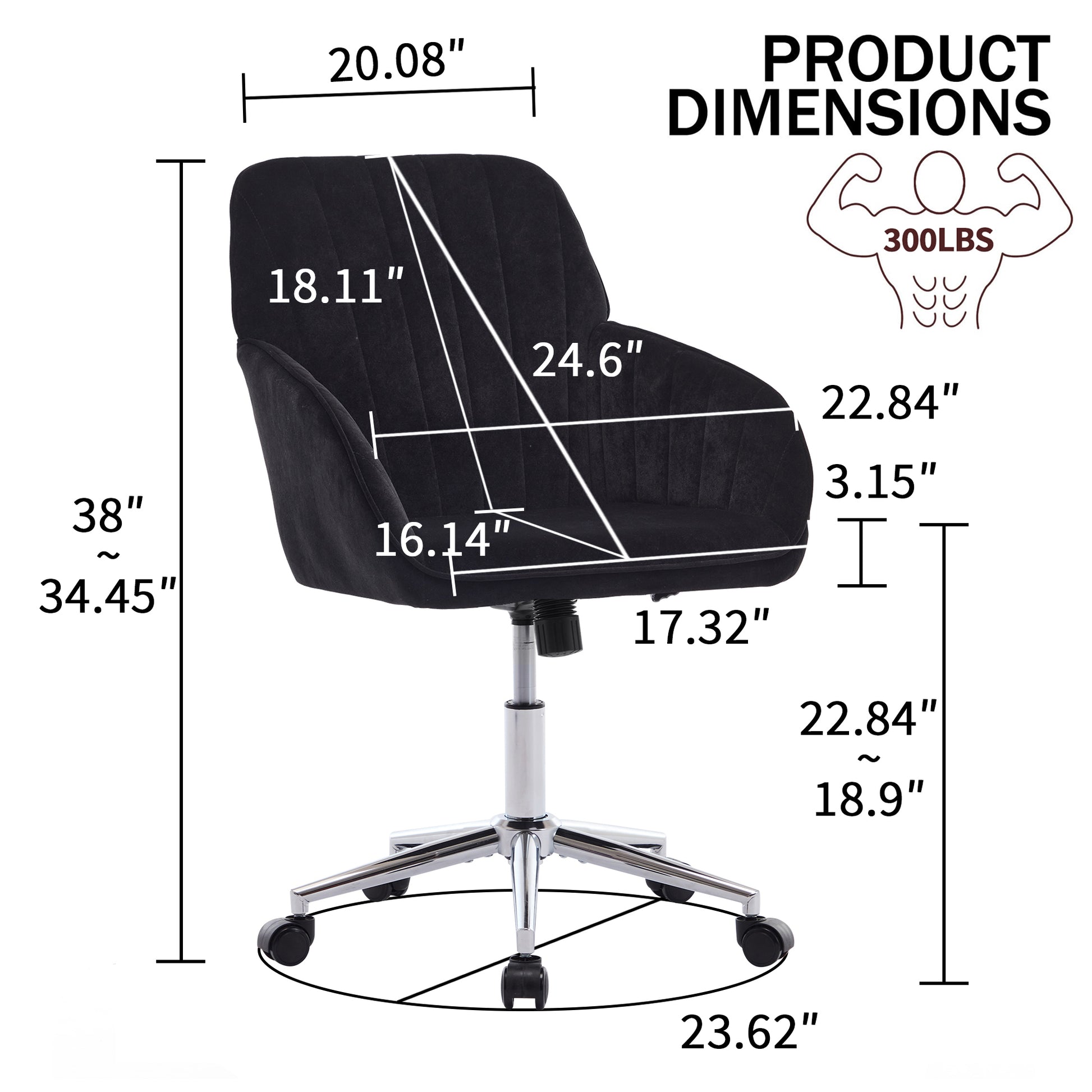 Black velvet office chair with chrome base and wheels
