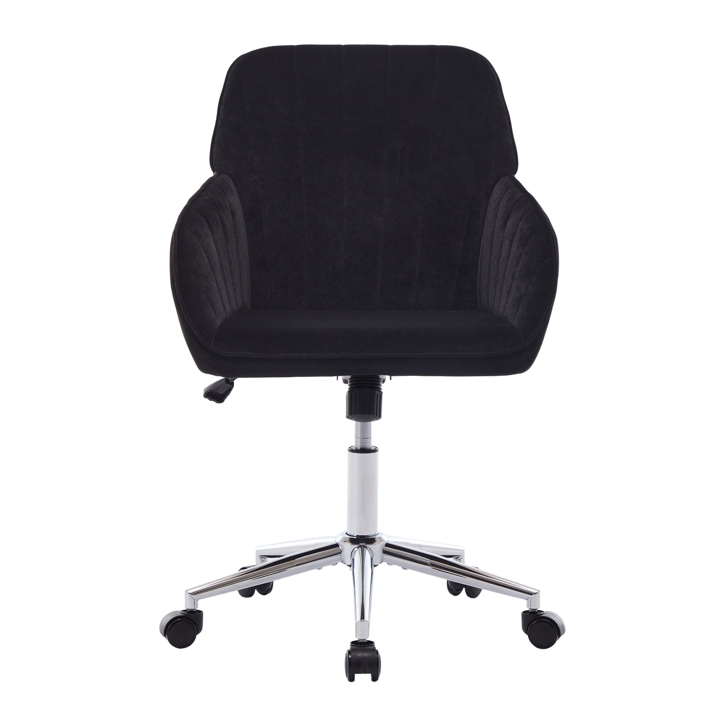 Black velvet office chair with channel tufting and silver chrome base