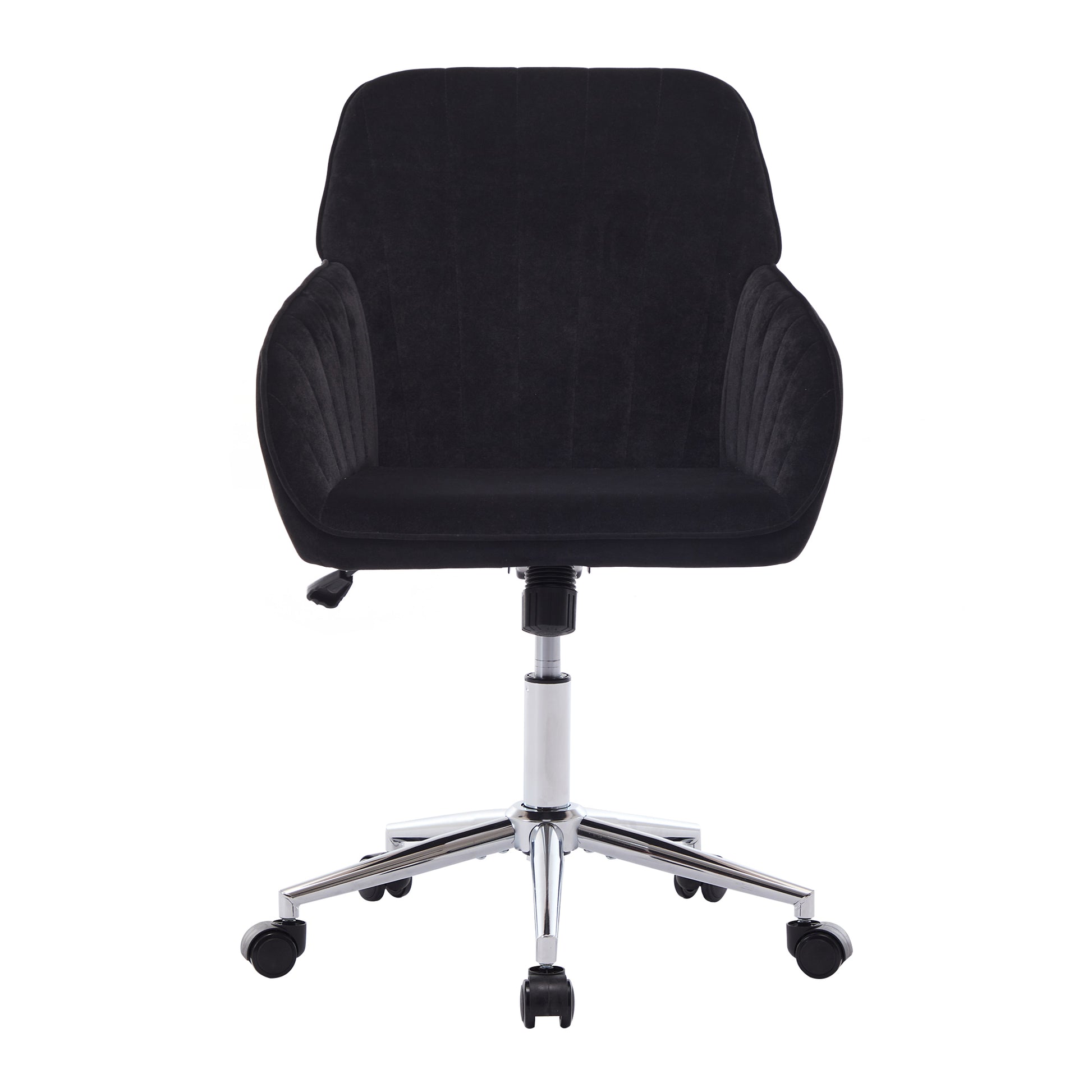Black velvet office chair with channel tufting and silver chrome base