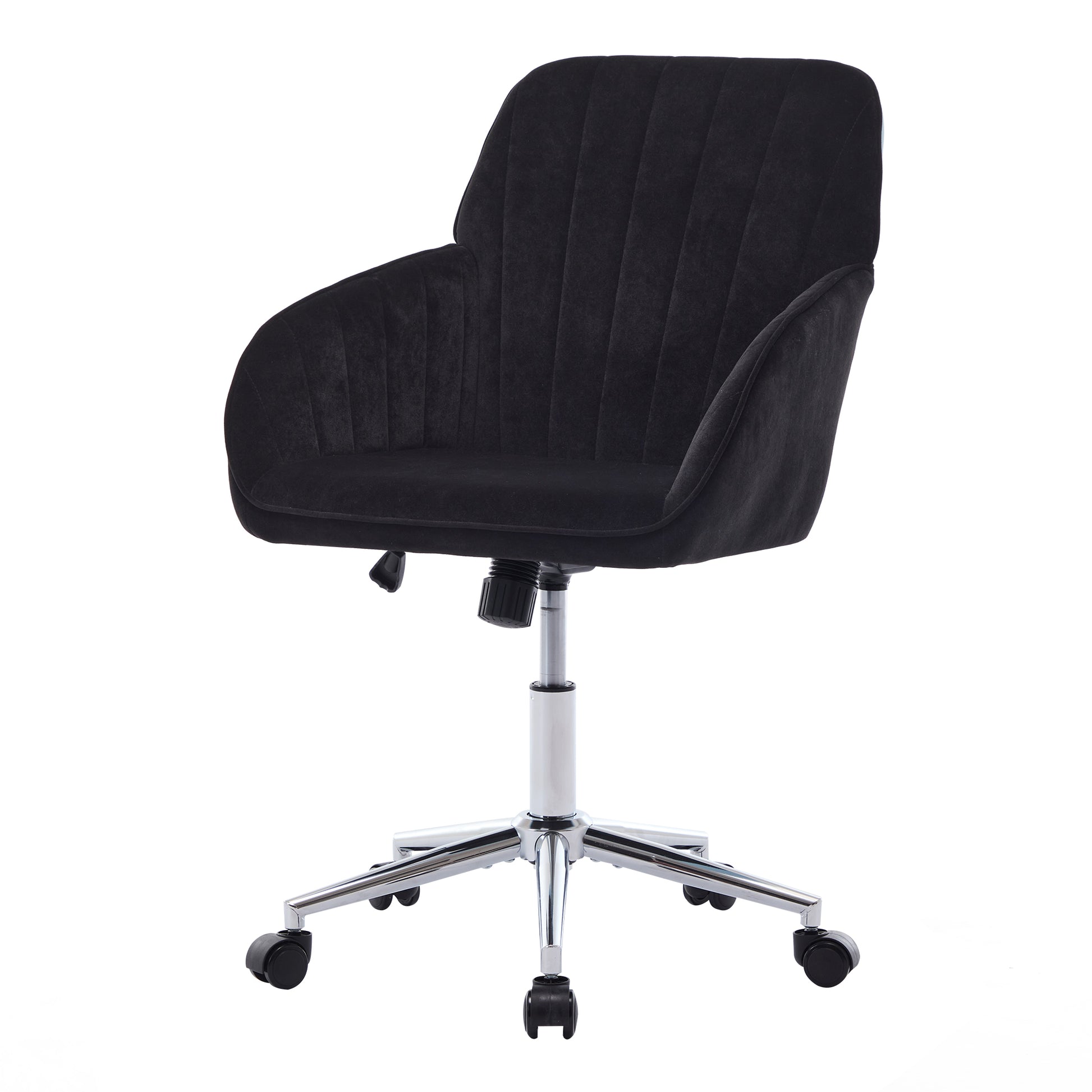 Black velvet office chair with chrome base and wheels
