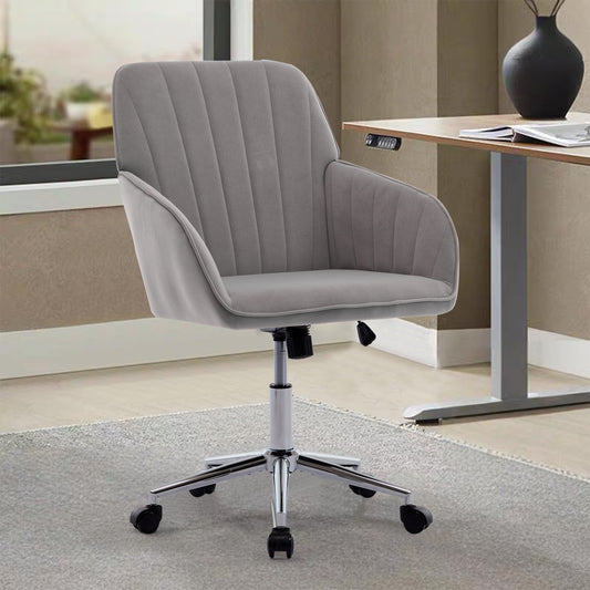 Grey velvet desk chair with channel tufting and silver base