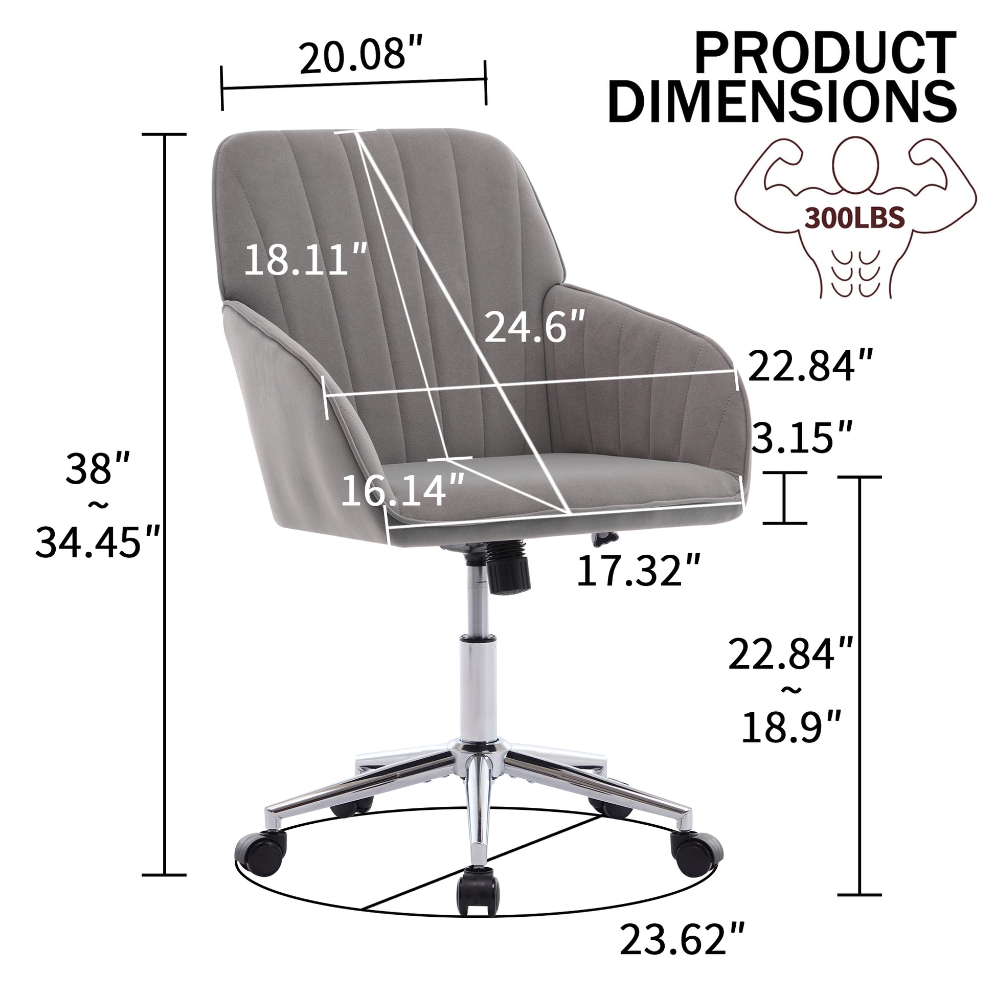 Grey velvet office chair with chrome base and wheels