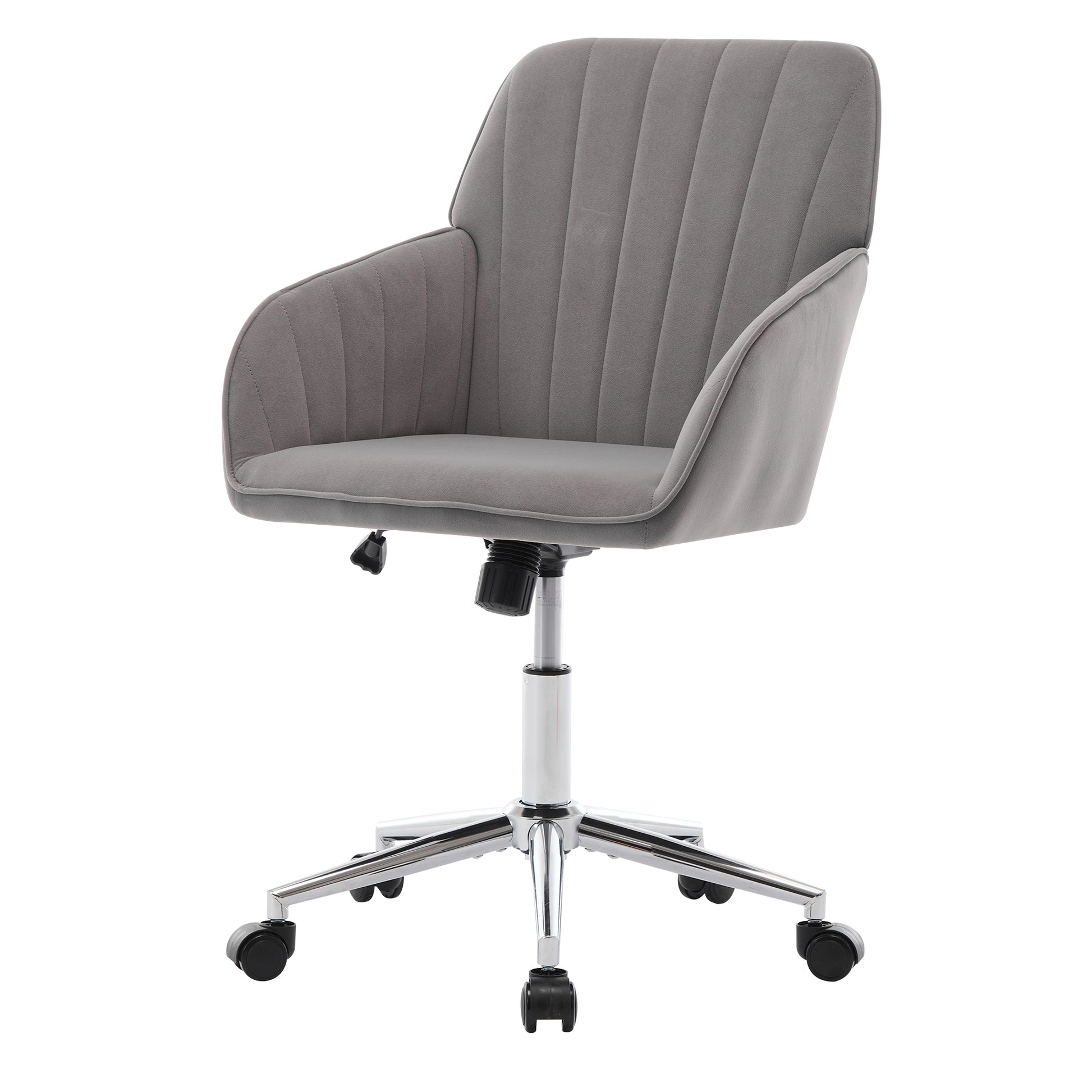 Gray velvet office chair with channeled back and chrome base