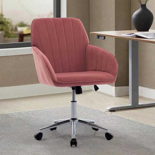 Rose velvet office chair with ribbed back and chrome base