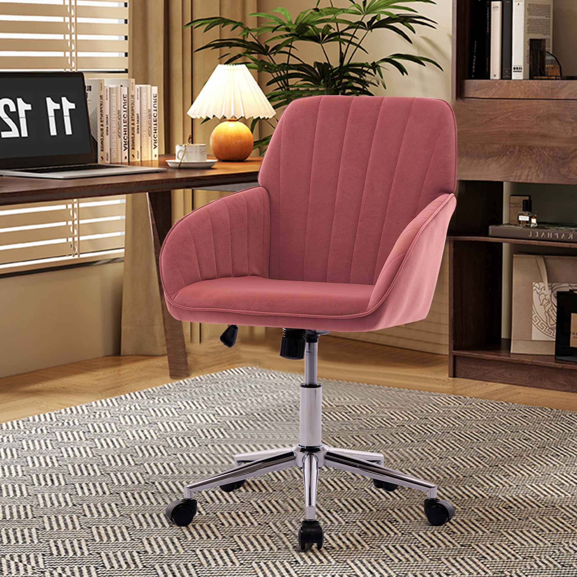 Dusty rose velvet office chair with channel tufting and chrome base