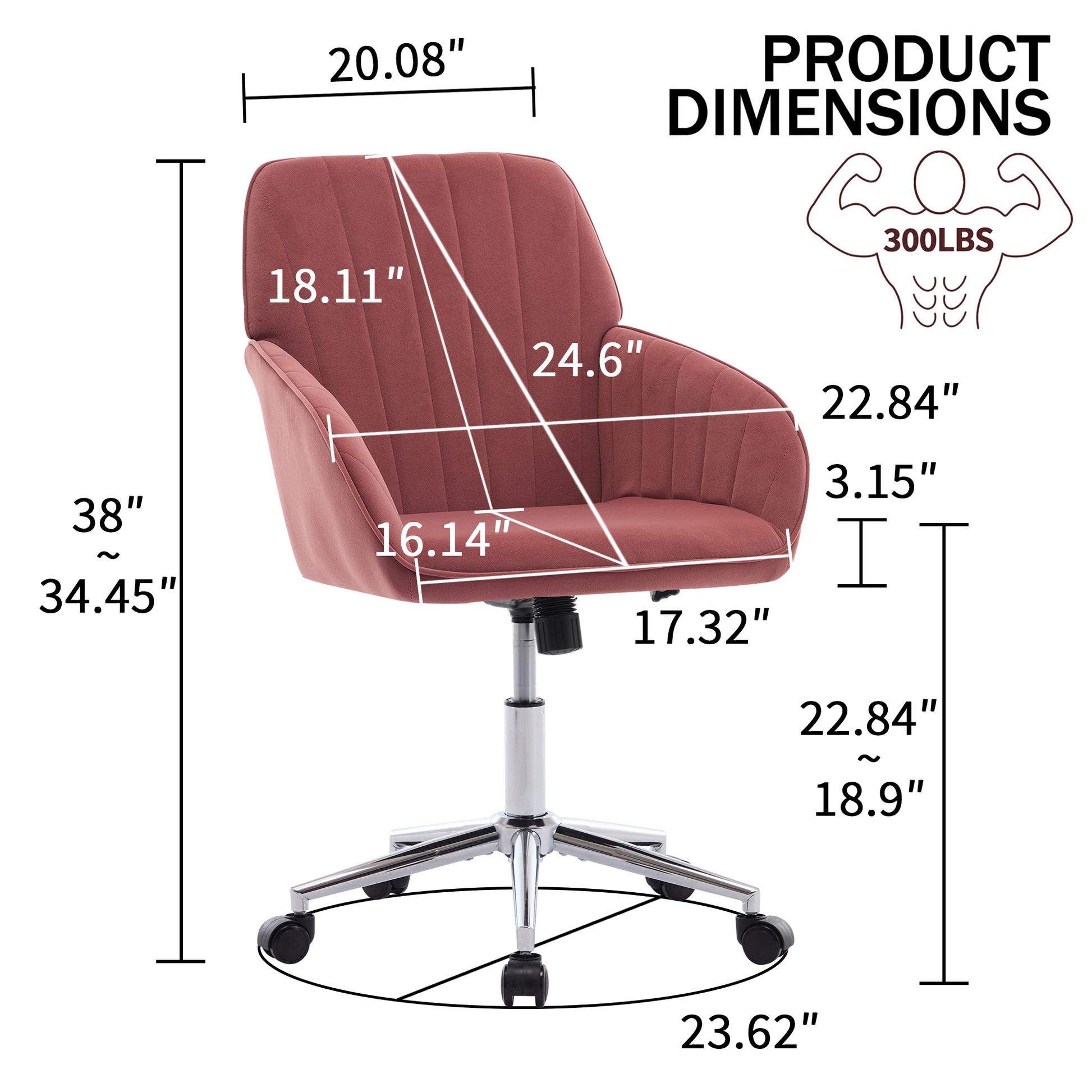 Rose velvet office chair with adjustable height and chrome base