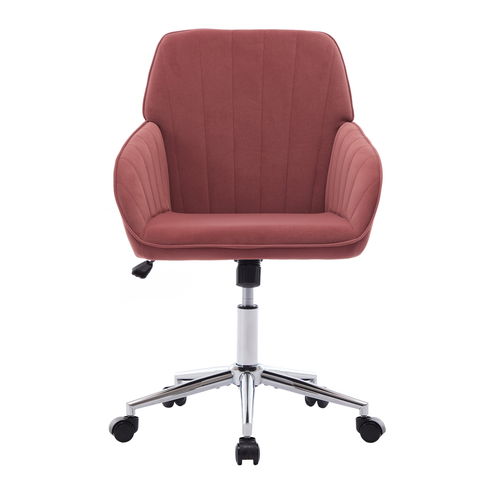 Rose velvet office chair with channel tufting and chrome base