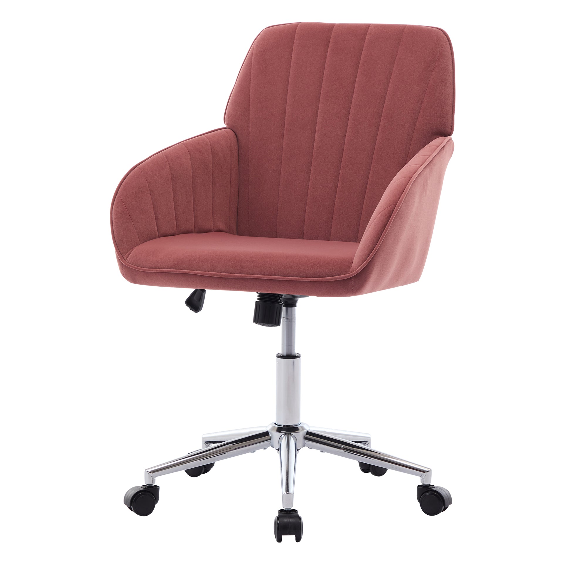 Dusty rose velvet office chair with channel tufting and chrome base