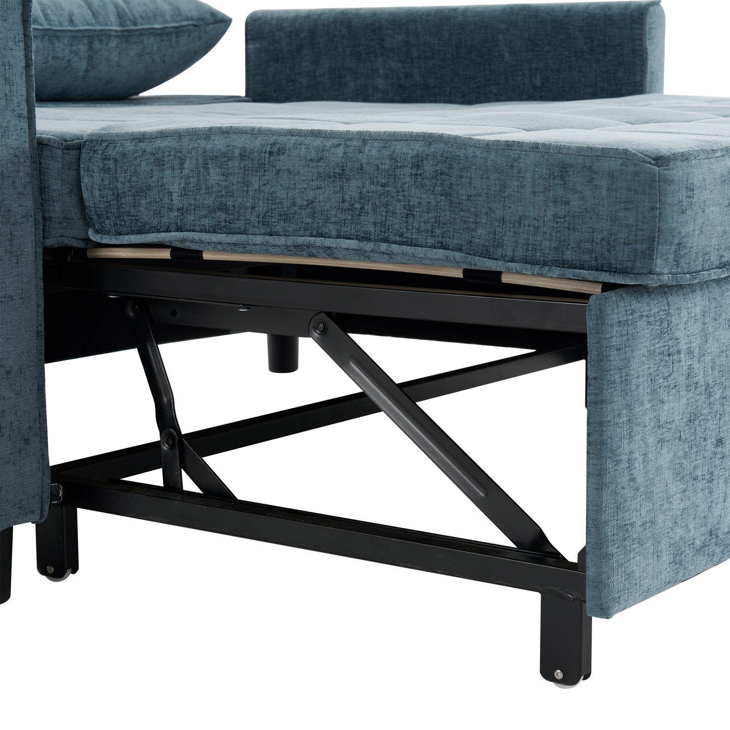 Turquoise velvet sofa bed with visible metal pullout mechanism
