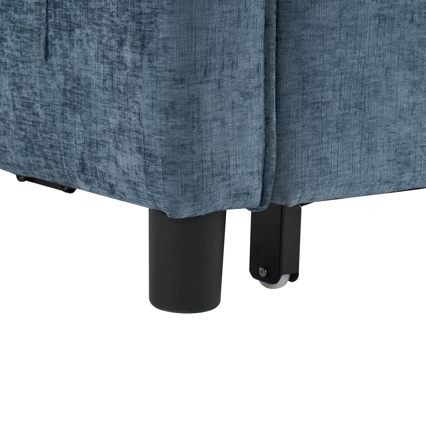 Textured blue chenille fabric sofa with black cylindrical legs and caster wheels