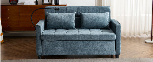 Teal velvet sofa bed with two accent pillows