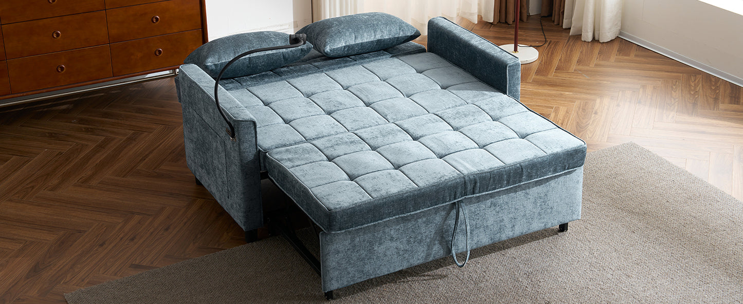 Blue velvet sofa bed with tufted cushions and a pullout ottoman