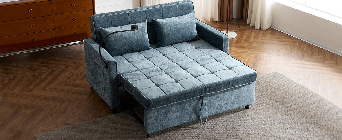 Teal velvet sofa bed with tufted cushions and extended chaise