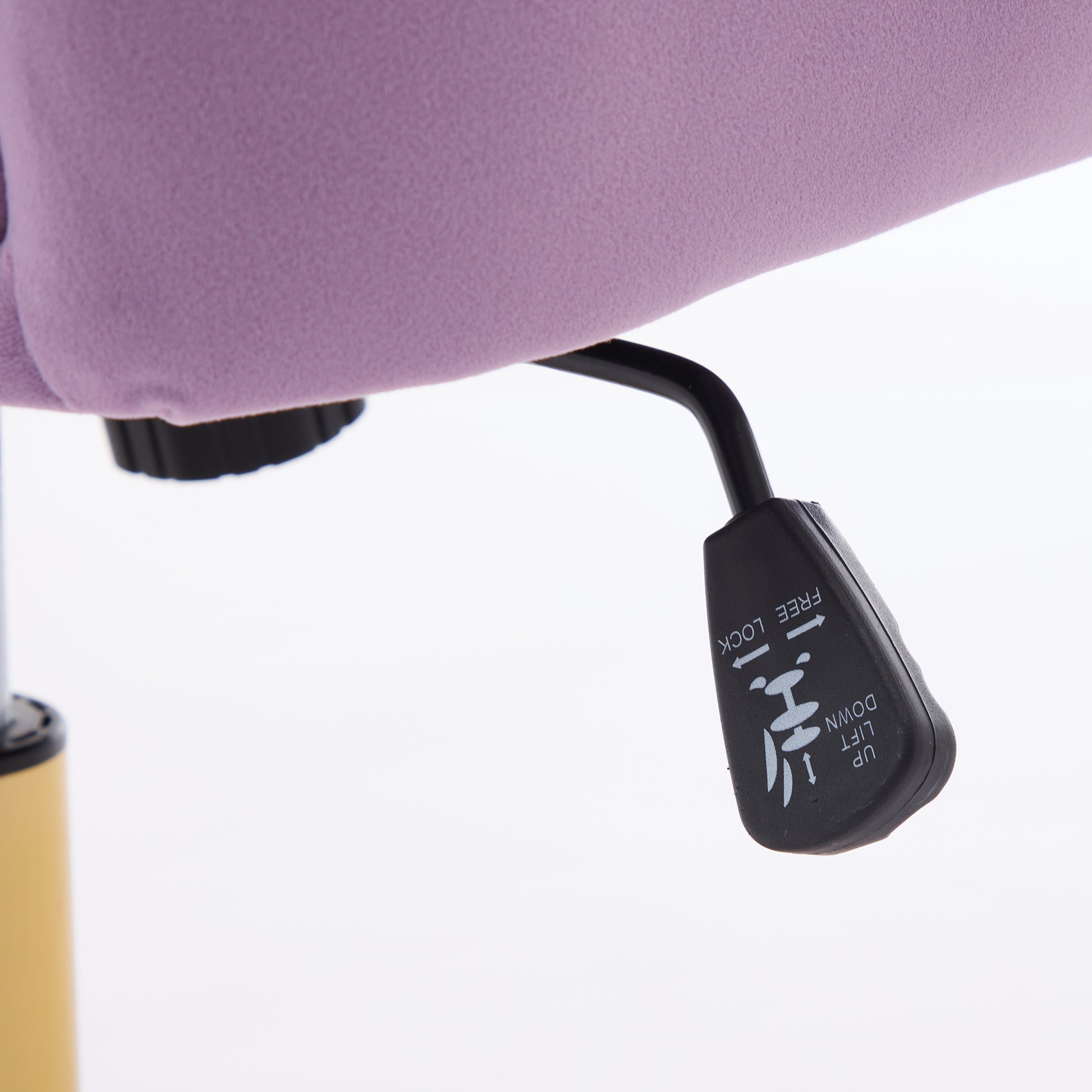 Purple fabric office chair seat detail with lift lever