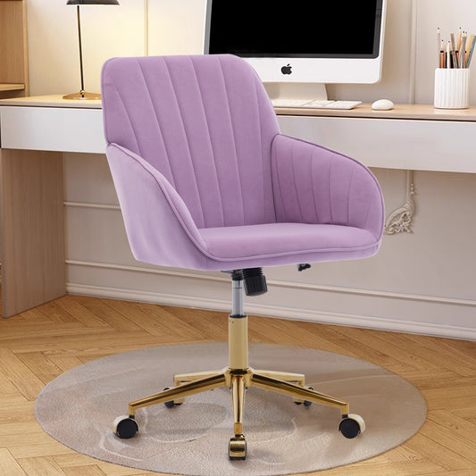 Plush lavender velvet office chair with gold base and casters