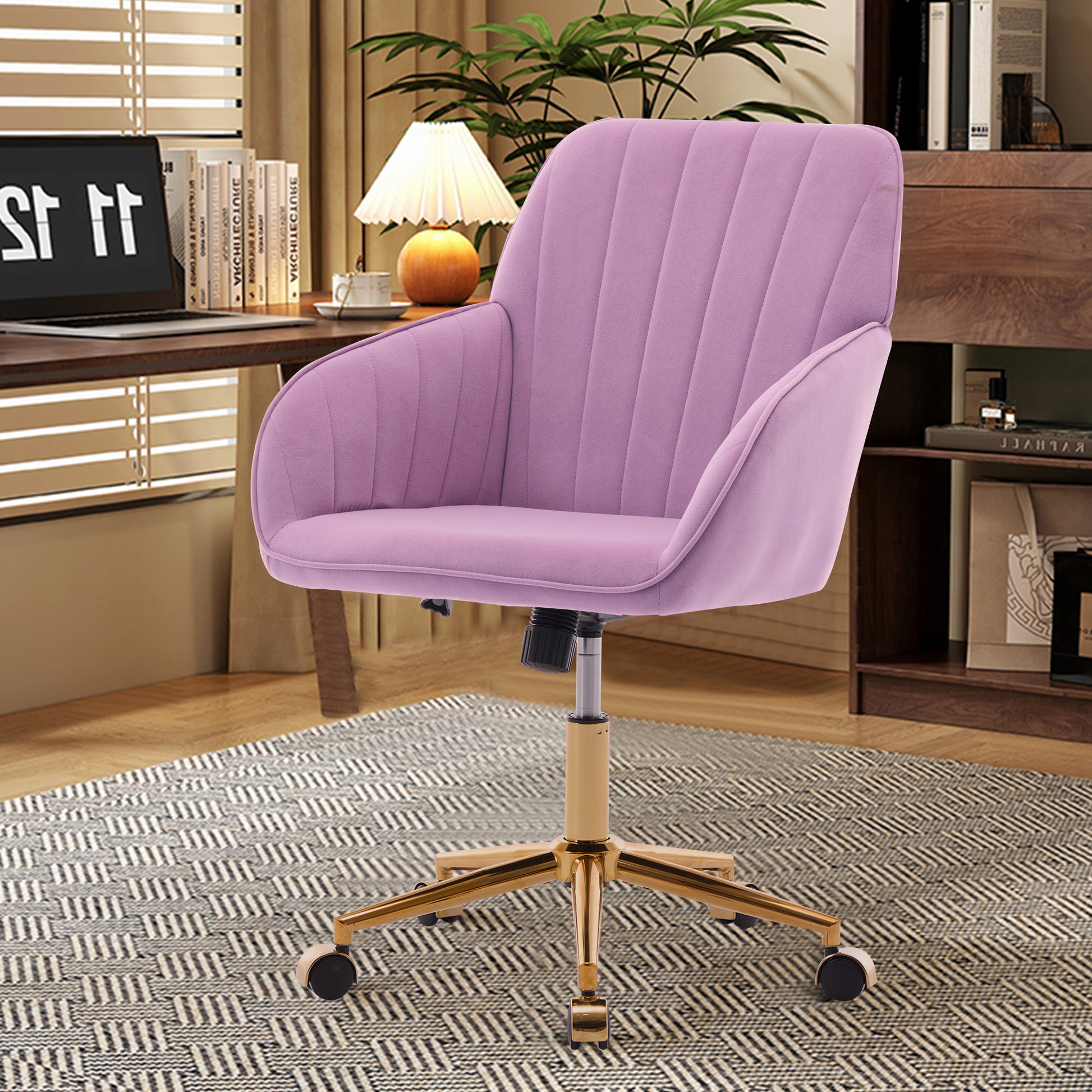 Plush lilac velvet office chair with tufted back and gold base