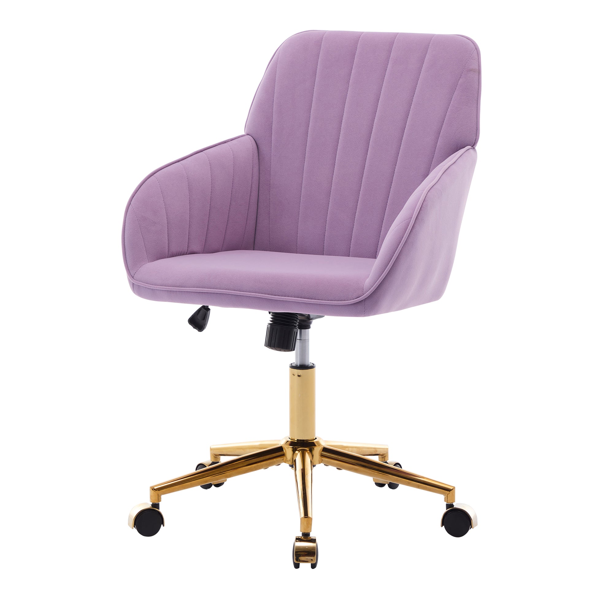 Purple velvet office chair with gold base and casters