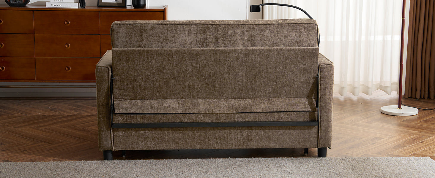 Brown textured fabric sofa bed with metal frame visible