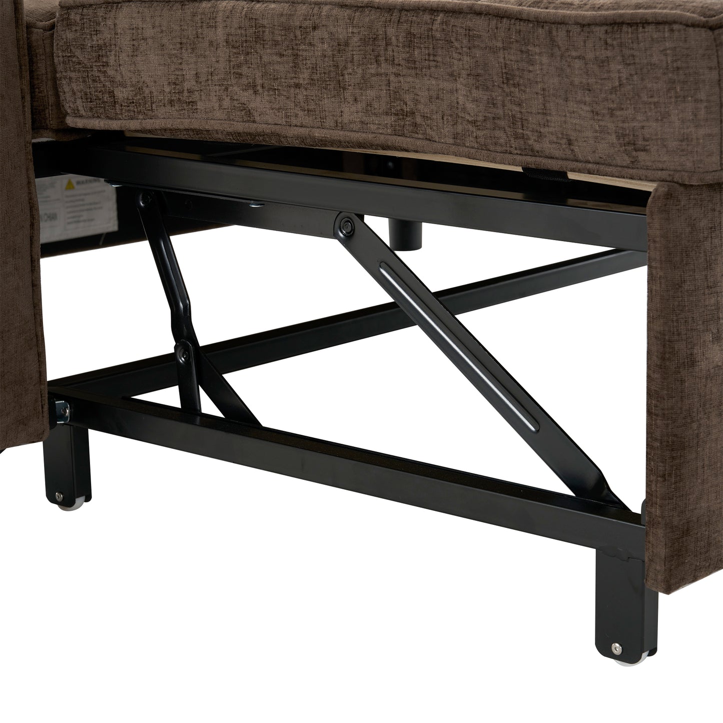 Brown upholstered sofa mechanism with black metal frame and wheels