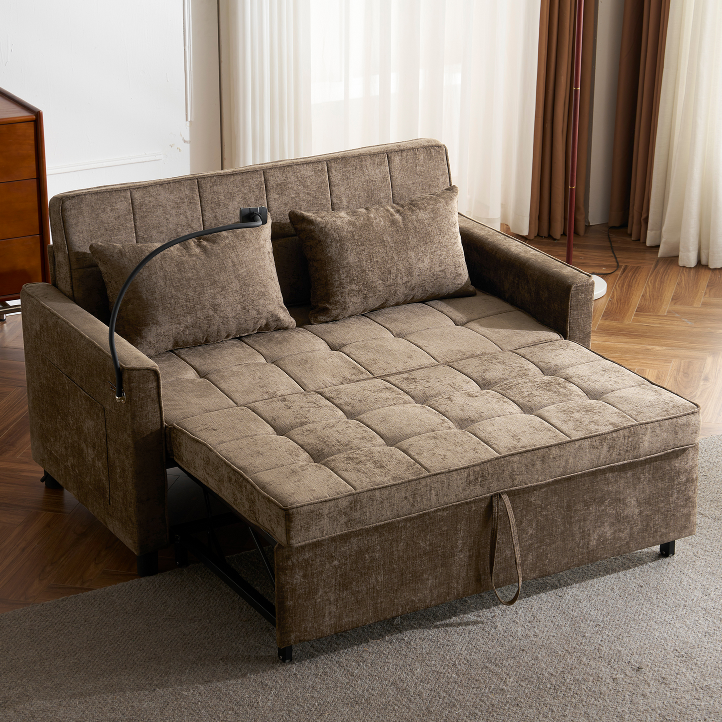 Brown velvet sofa bed with tufted cushions and builtin USB port