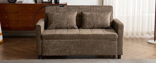 Brown fabric sofa bed with two throw pillows