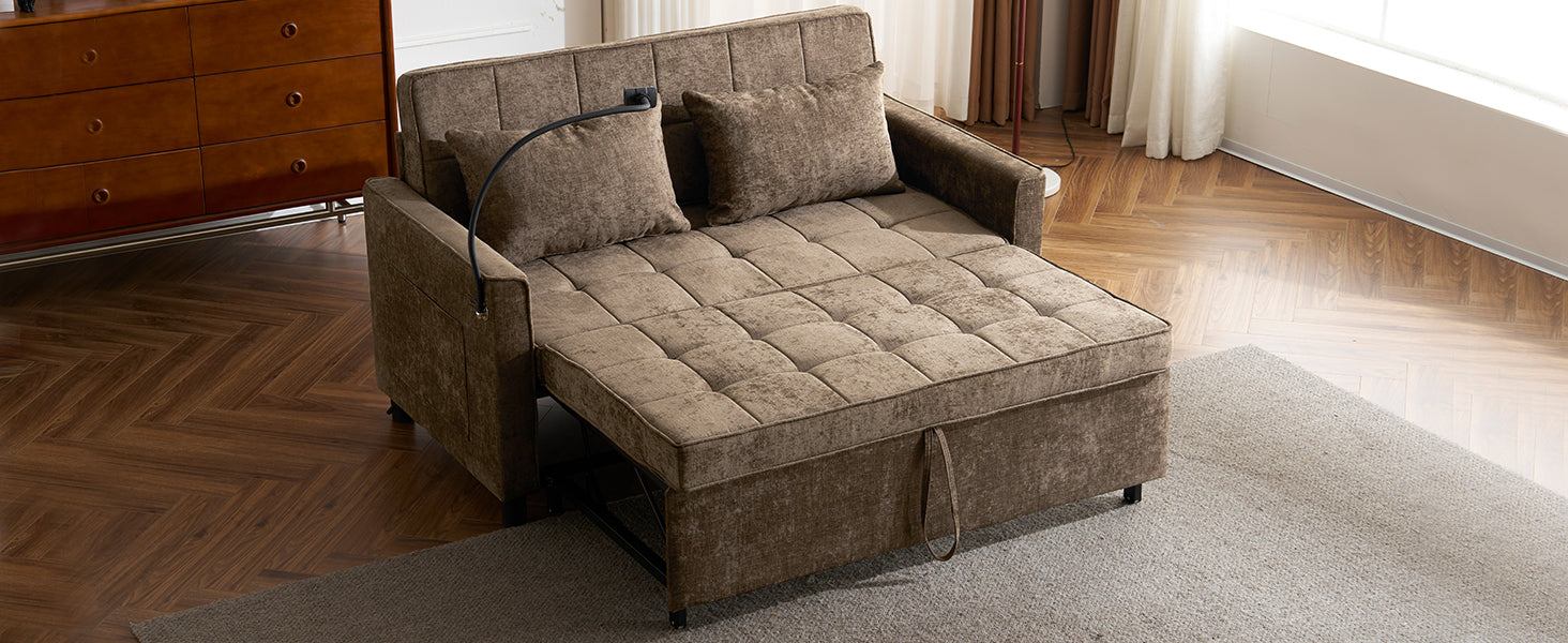 Brown fabric sofa bed with chaise lounge extended