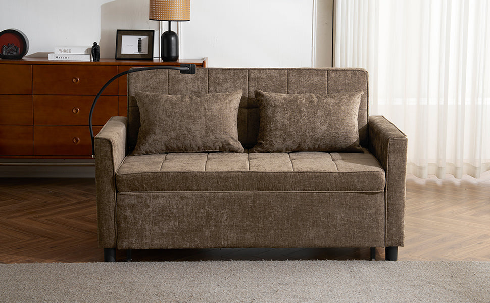 Brown upholstered sofa bed with textured fabric and square tufting