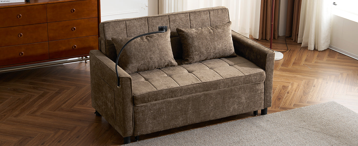Brown upholstered sofa bed with tufted cushions and two throw pillows
