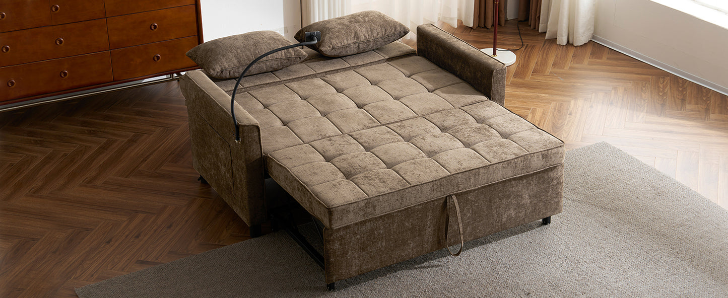 Tufted brown velvet sofa bed with extended chaise lounge