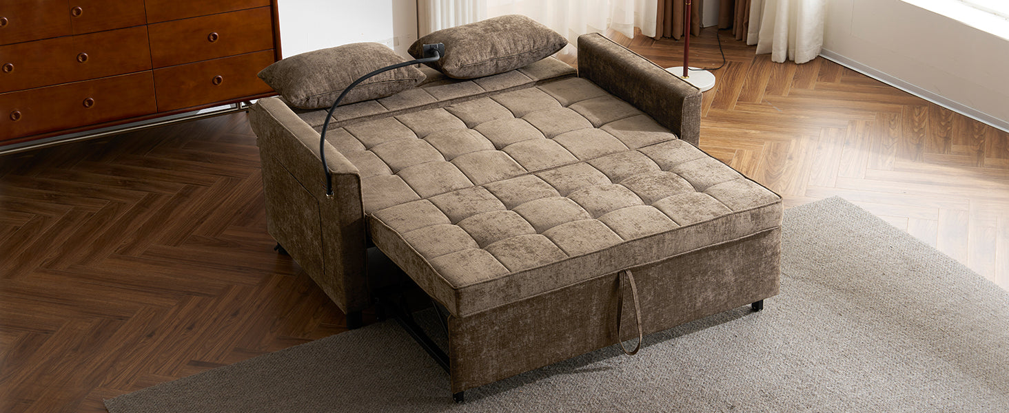 Tufted brown velvet sofa bed with extended chaise lounge