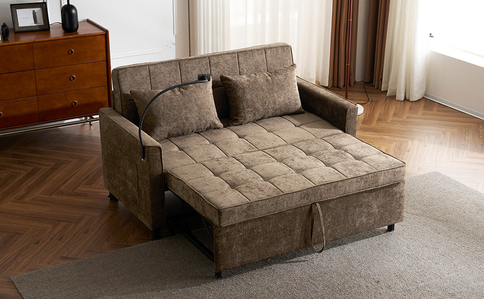 Brown upholstered sofa bed with pullout mattress