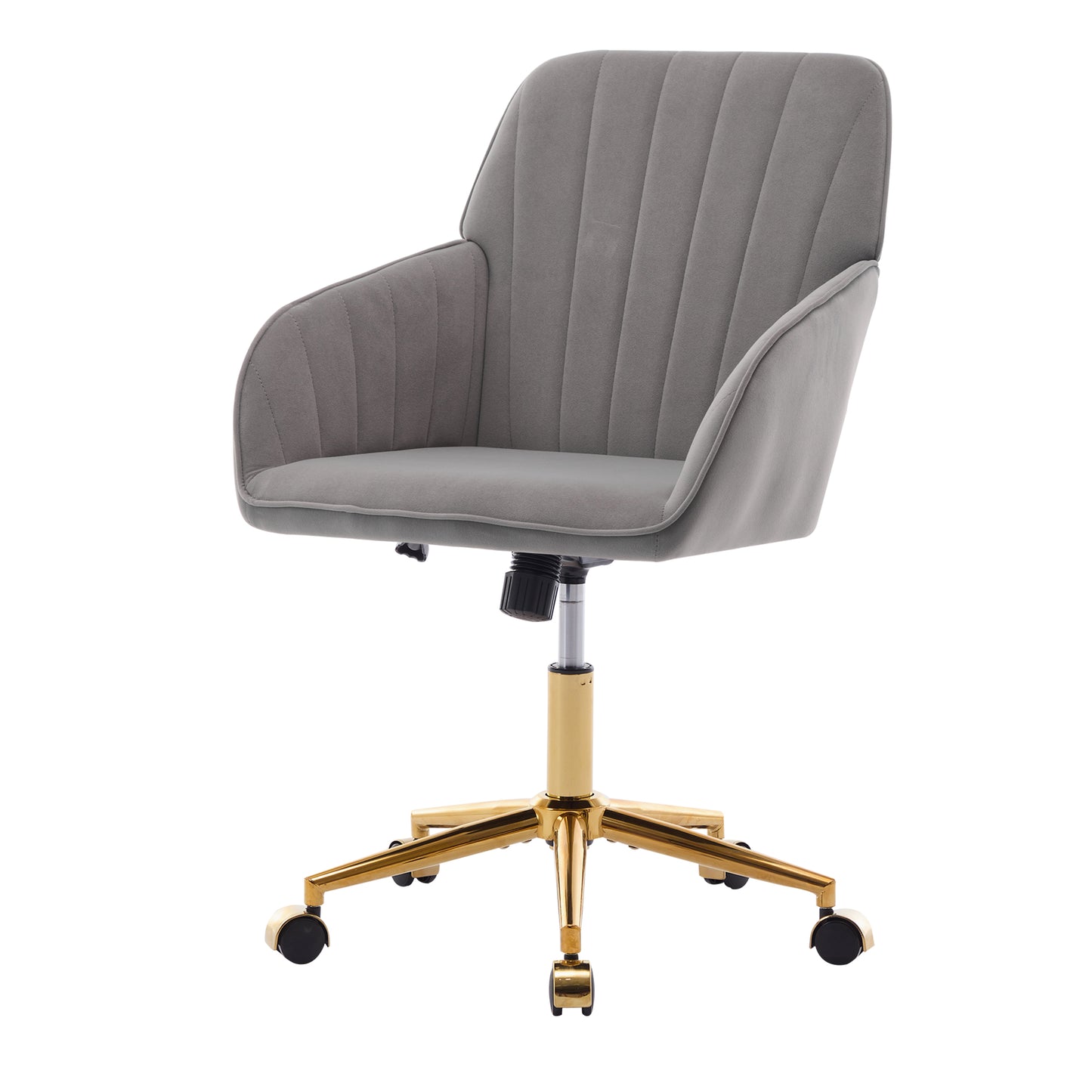 Grey velvet executive chair with tufted back and gold base