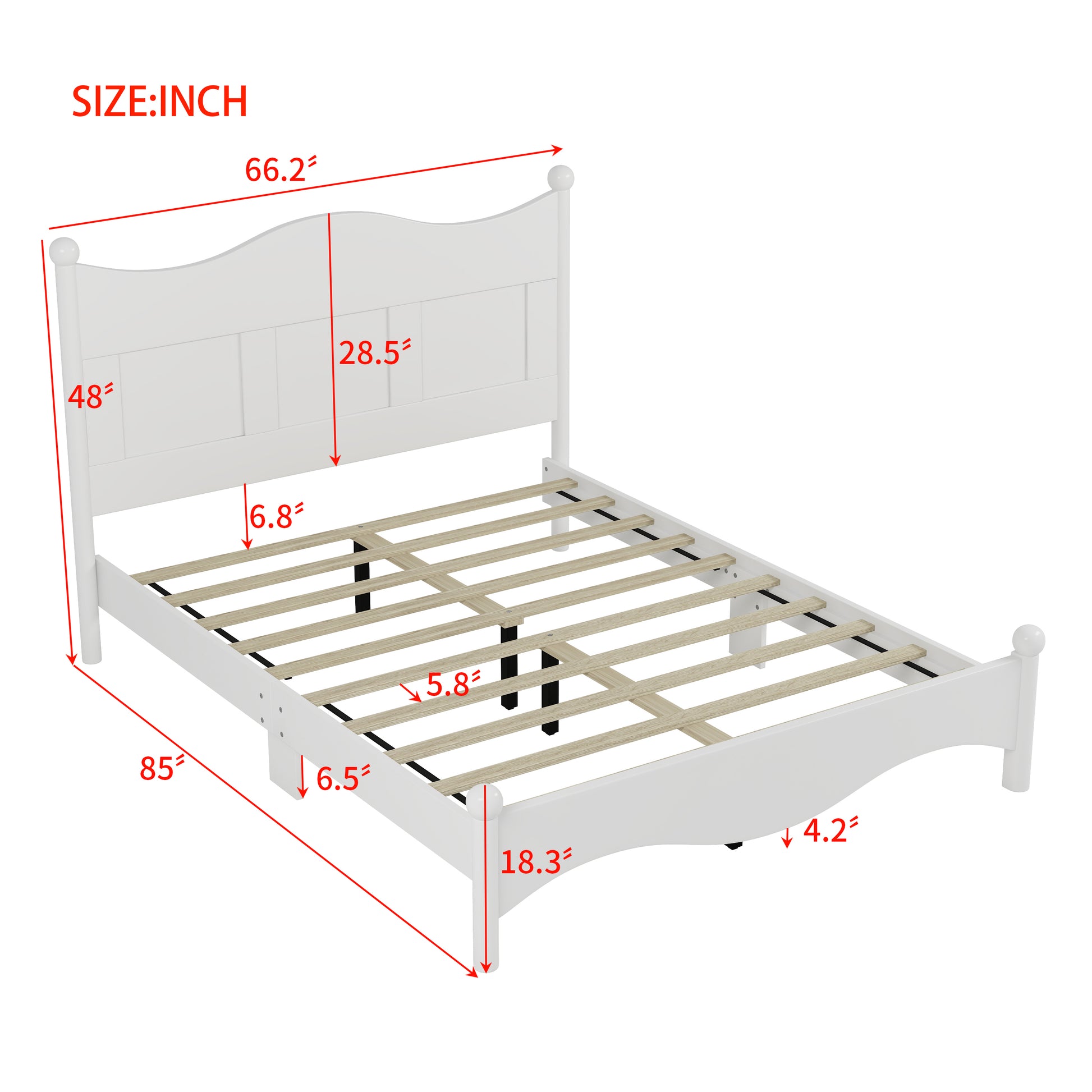 White wood panel bed frame with arched headboard
