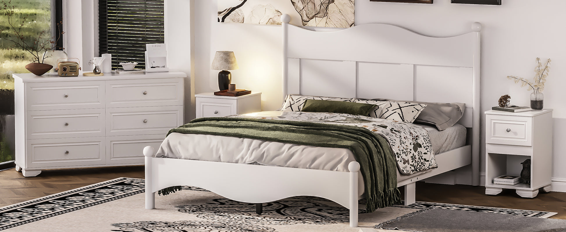 White wooden twin bed frame with upholstered headboard and matching nightstand