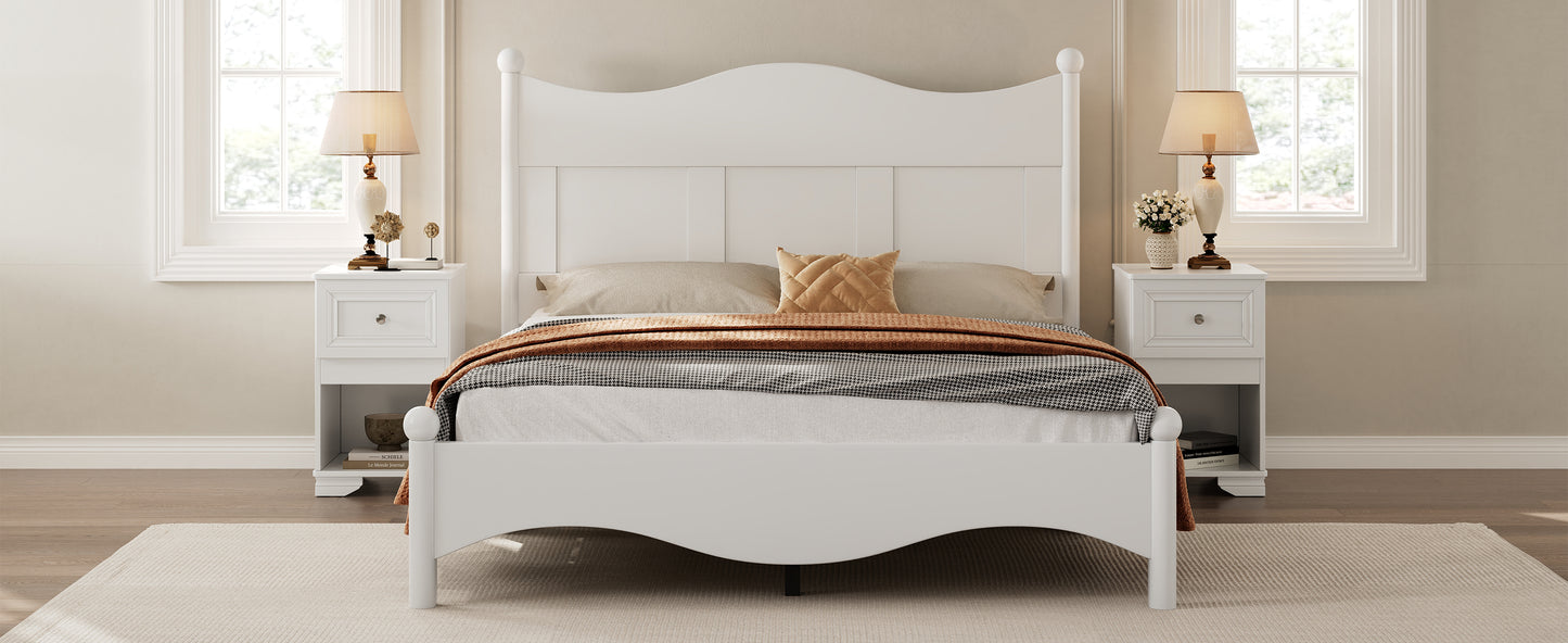 White wooden bed frame with curved footboard and paneled headboard