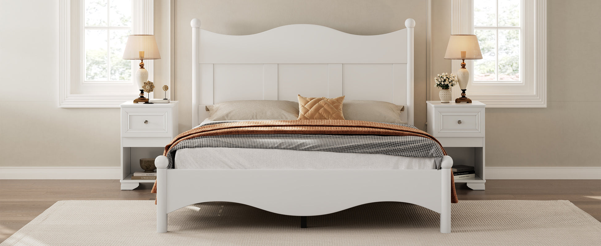 White wooden bed frame with curved footboard and paneled headboard