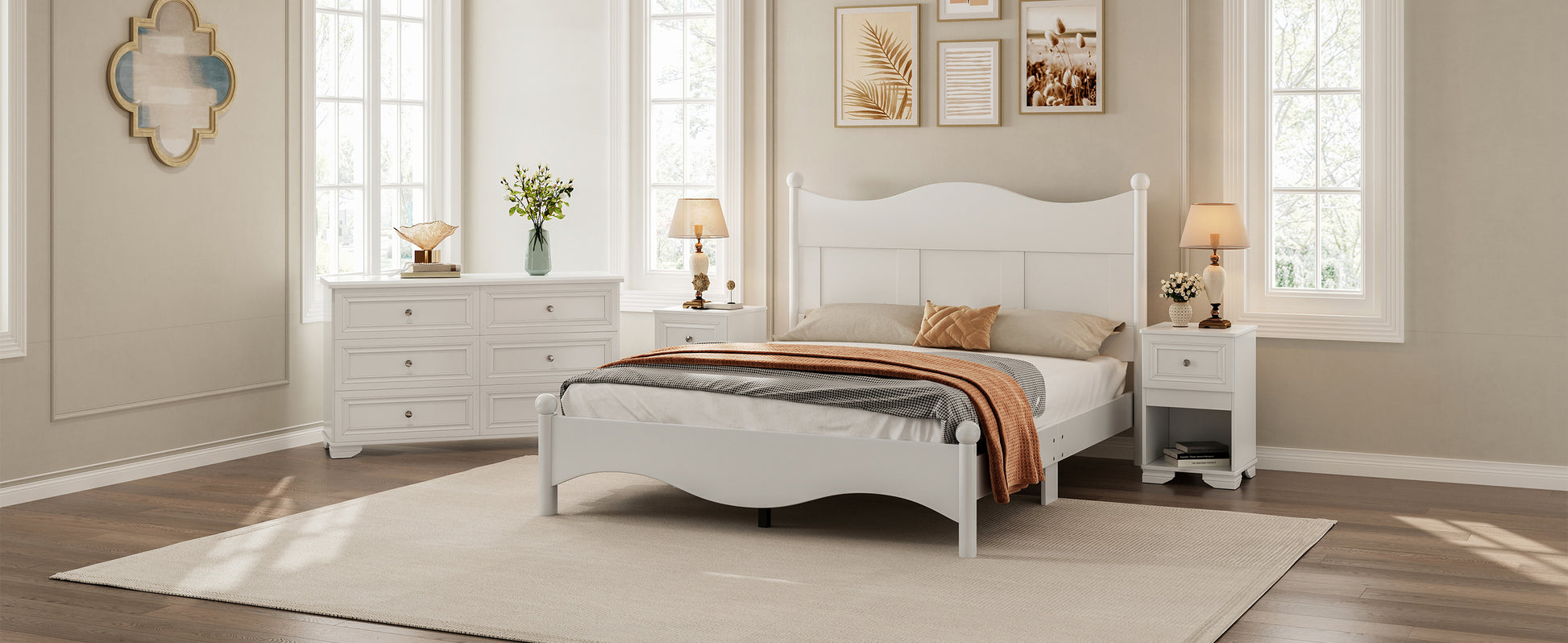 White wooden bed with decorative headboard and matching nightstands