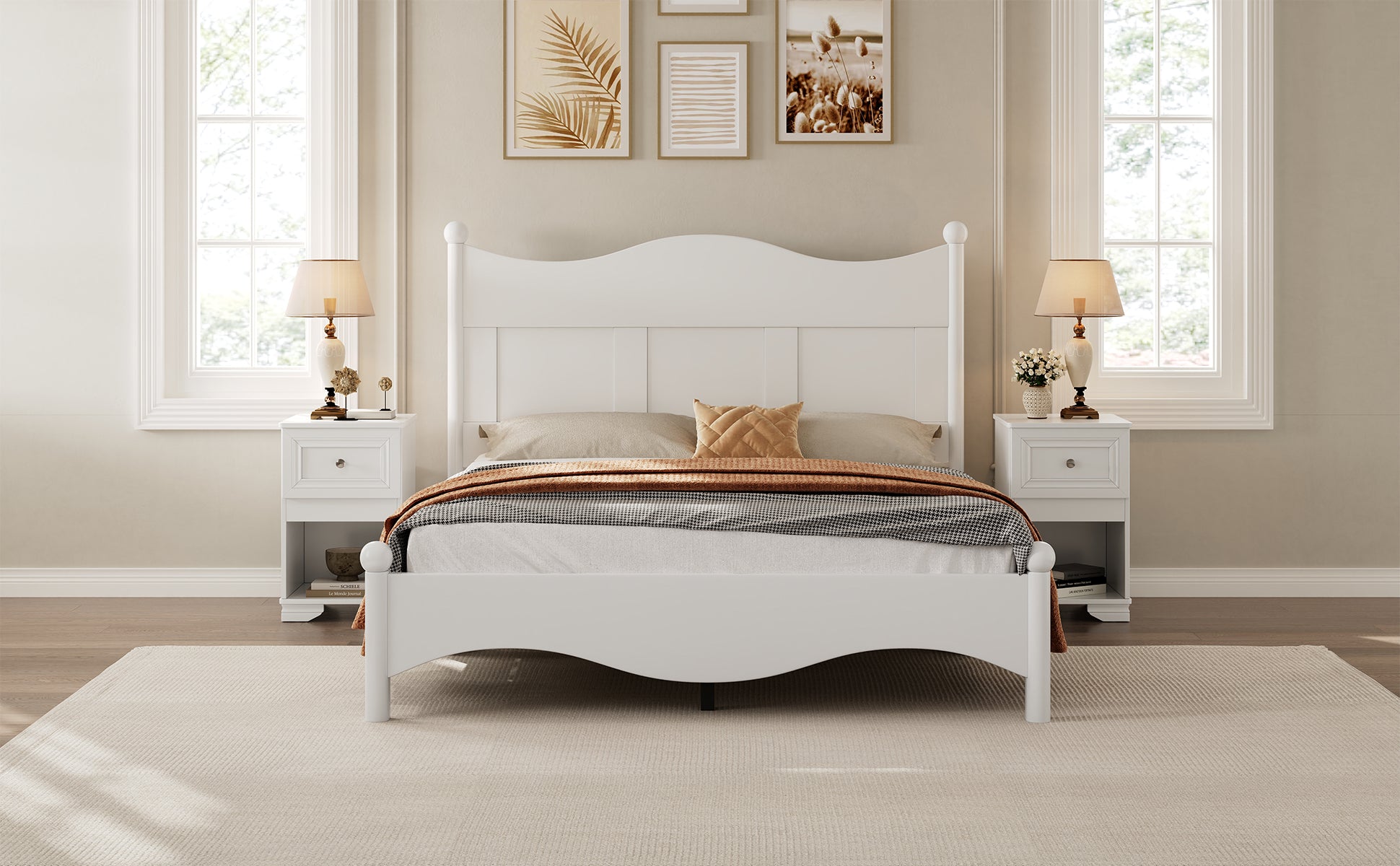 White wooden panel bed frame with upholstered headboard and decorative pillows
