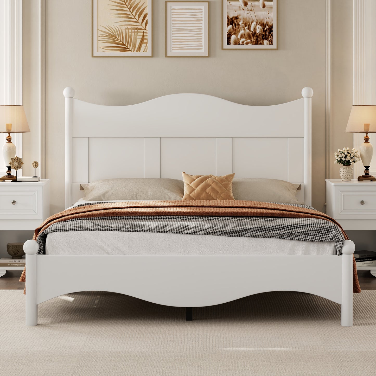 Elegant white wooden bed frame with a gracefully curved headboard and footboard