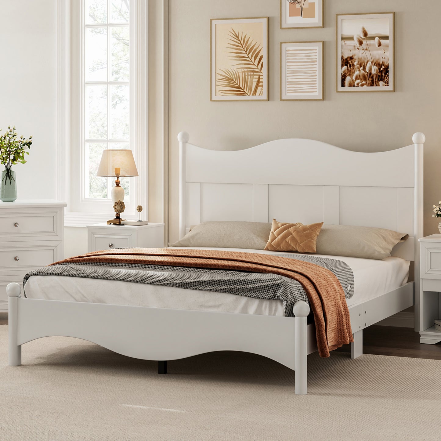 White wooden bed frame with curved headboard and footboard