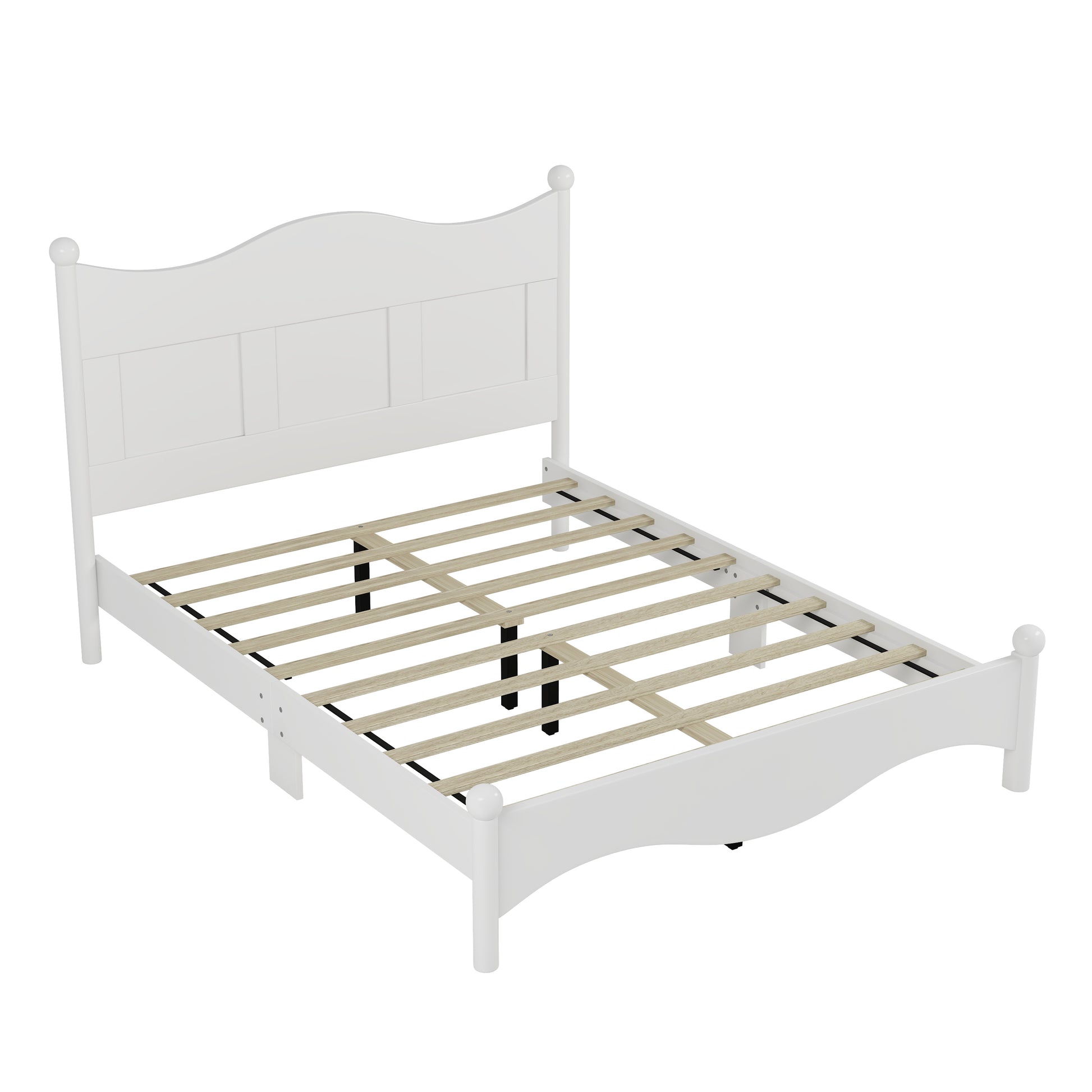 White wooden twin bed frame with curved headboard and footboard
