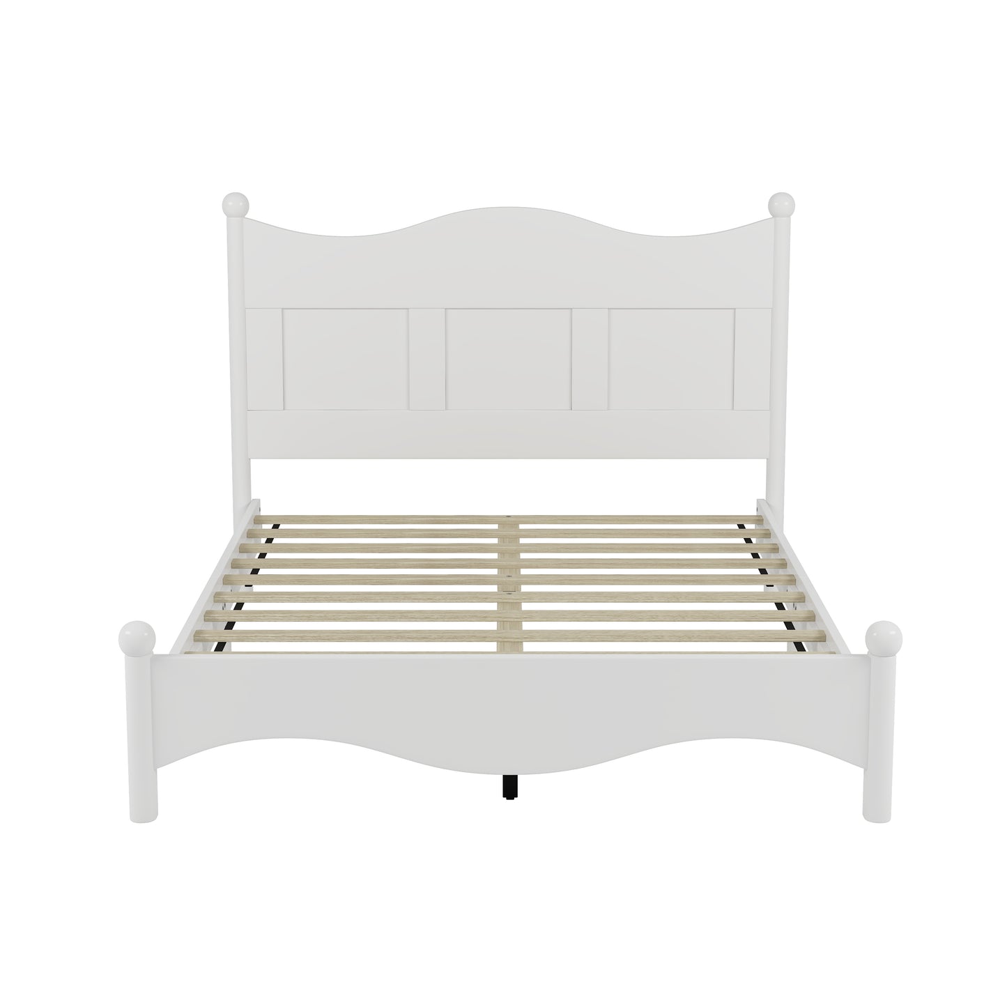 White wooden full size bed frame with arched headboard and ball finials