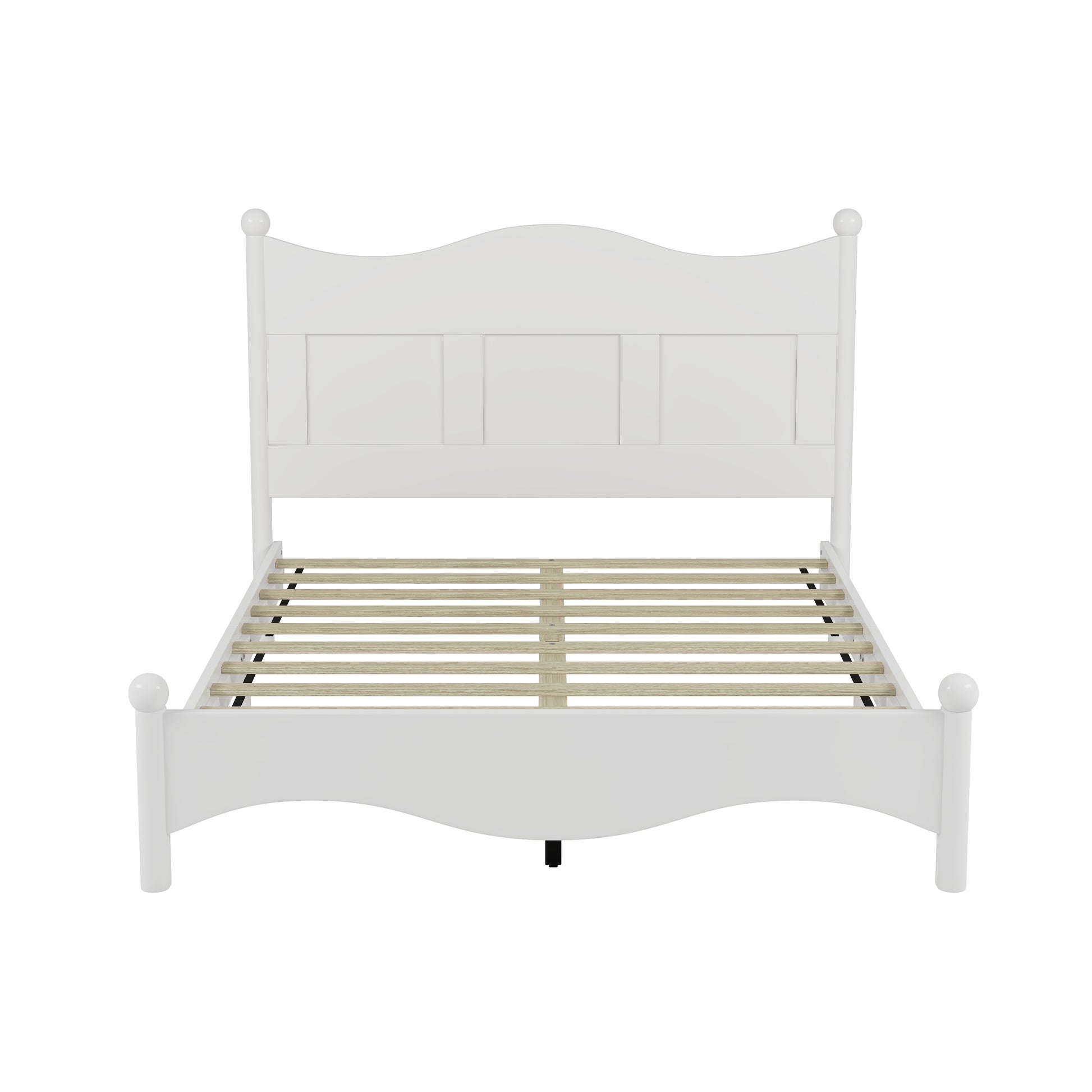White wooden full size bed frame with arched headboard and ball finials