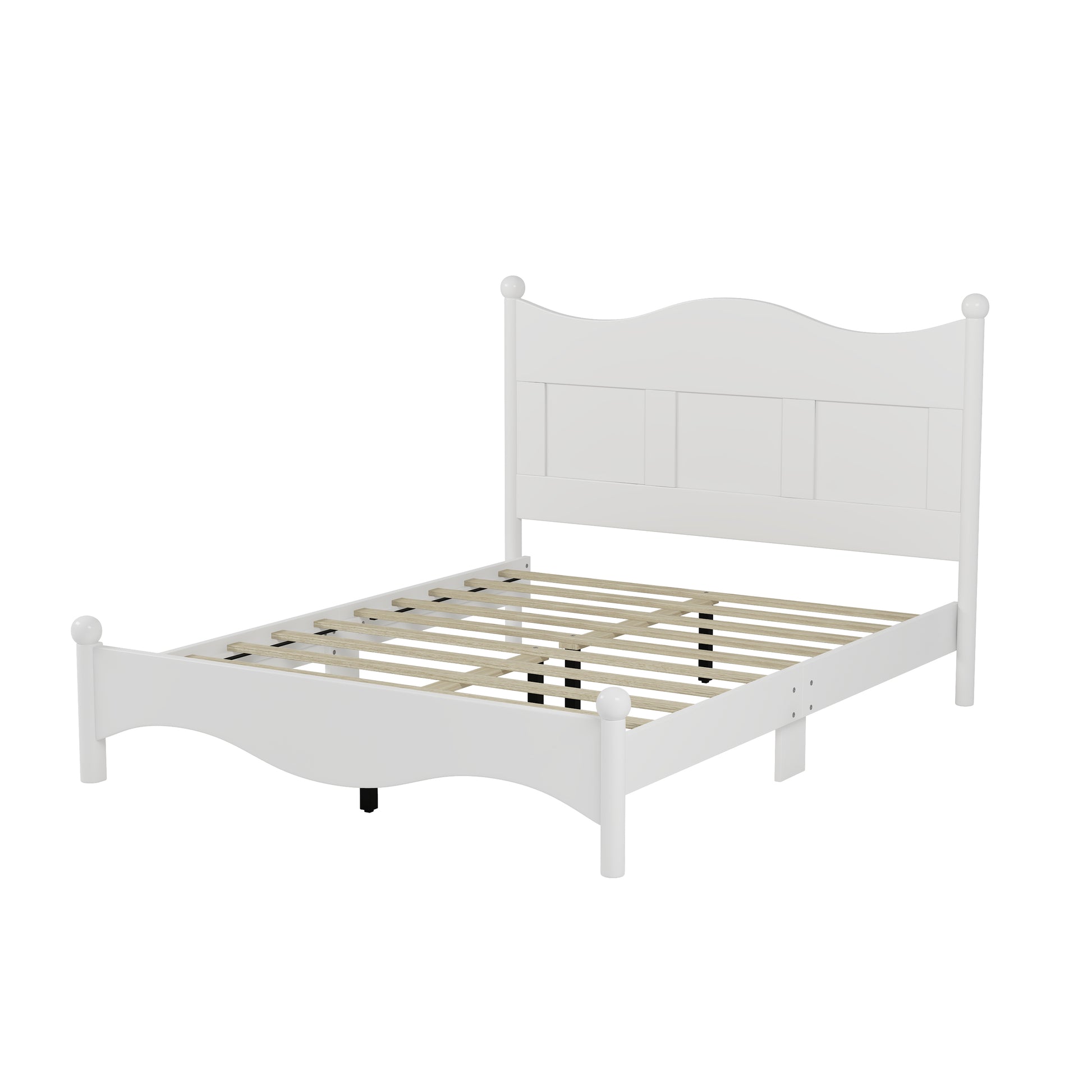 White wooden twin bed frame with curved headboard and slatted base