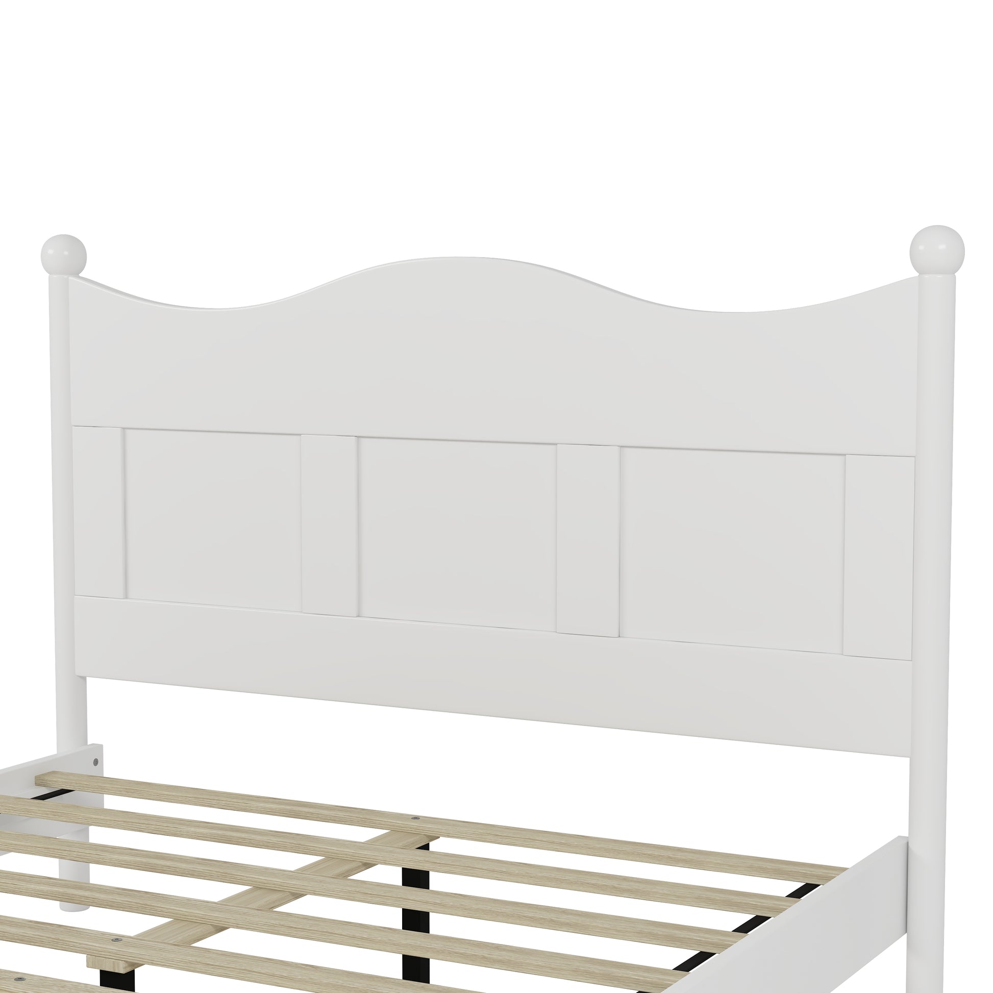 White wooden bed frame with arched headboard and slat support
