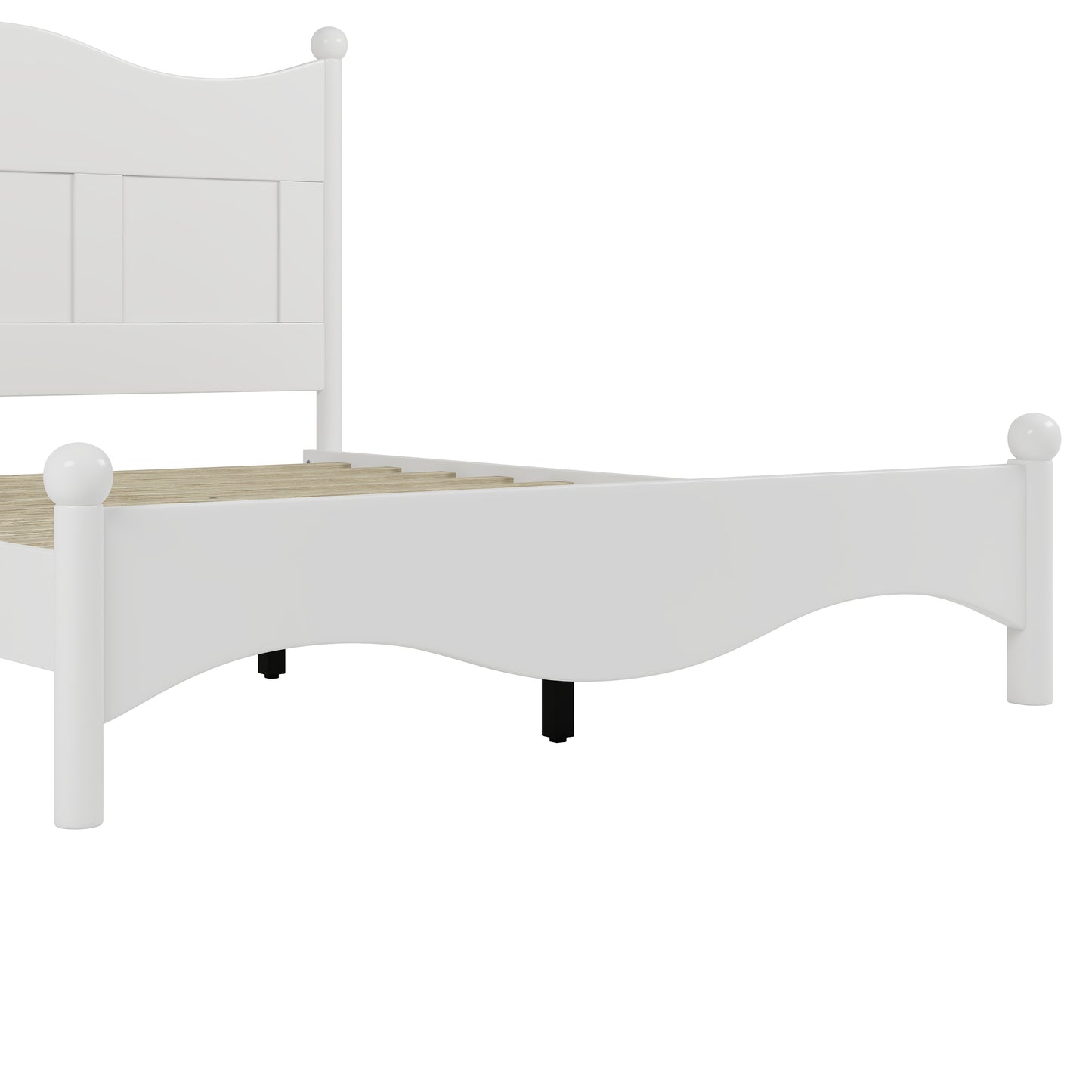 White wooden single bed frame with decorative ball finials and slatted base