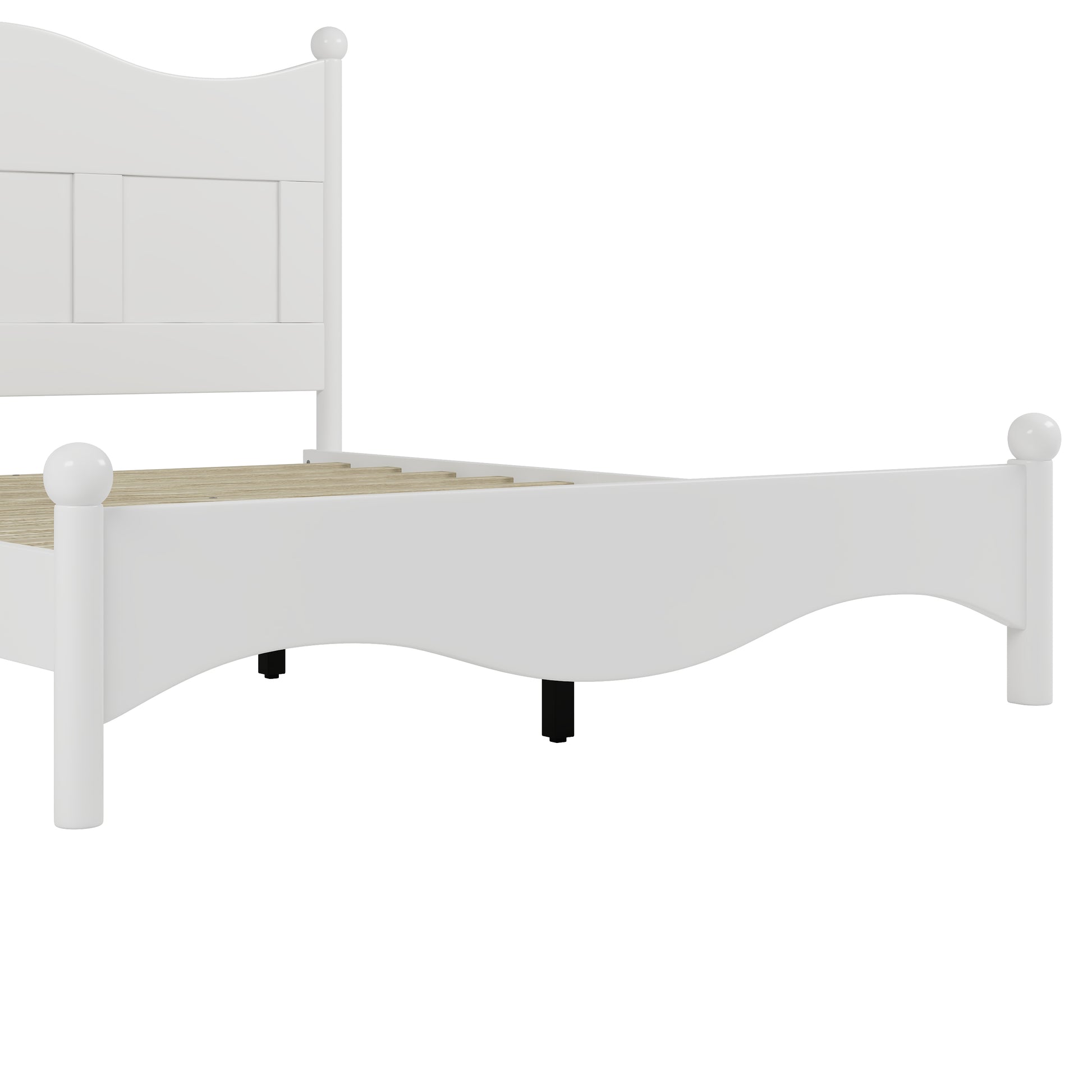 White wooden single bed frame with decorative ball finials and slatted base
